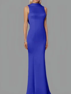 Robe de soirée sirène col haut crêpe extensible longueur au sol boutons robes de soirée formelles