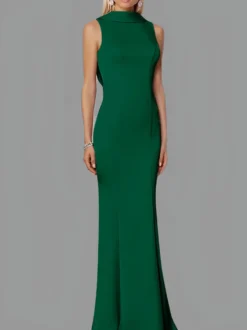Robe de soirée sirène col haut crêpe extensible longueur au sol boutons robes de soirée formelles