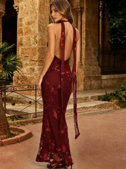 Robe de soirée sirène col V longue sans manches fermeture éclair dentelle robe de soirée en dentelle