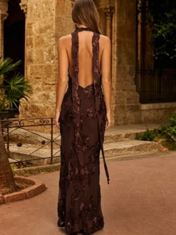 Robe de soirée sirène col V longue sans manches fermeture éclair dentelle robe de soirée en dentelle