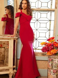 Robe de soirée sirène décolleté longueur au sol manches courtes fermeture éclair tissu satiné croisé robes de soirée formelles