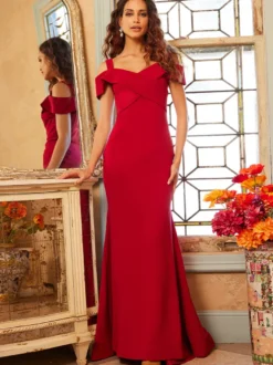 Robe de soirée sirène décolleté longueur au sol manches courtes fermeture éclair tissu satiné croisé robes de soirée formelles
