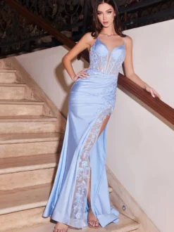 Robe de soirée sirène en tissu satiné col en v avec traîne fendue sur le devant robes de concours sociaux