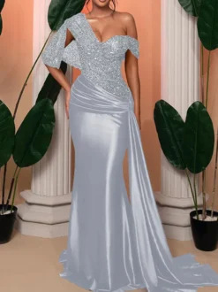 Robe de soirée sirène pailletes en satin à traîne