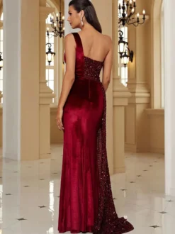 Robe de soirée sirène une épaule en velours avec traîne robes de dîner formelles