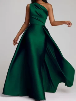 Robe de soirée trapèze asymétrique épaule dénudée tissu satiné longueur au sol robes de dîner formelles plissées