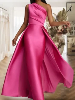 Robe de soirée trapèze asymétrique épaule dénudée tissu satiné longueur au sol robes de dîner formelles plissées