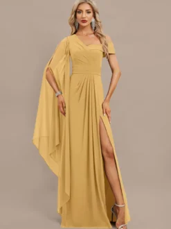 Robe de soirée trapèze asymétrique épaule dénudée longueur au sol manches courtes fermeture éclair plissée en mousseline de soie robes de soirée formelles