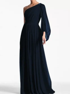Robe de soirée trapèze asymétrique épaule dénudée longueur au sol manches longues dos nu plissée en mousseline de soie robes de soirée formelles