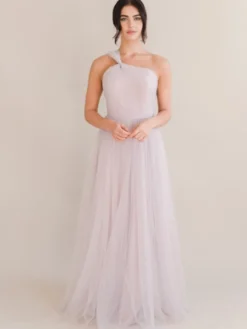 Robe de soirée trapèze asymétrique épaule dénudée avec traîne sans manches dos nu plissée en tulle robes de soirée sociale