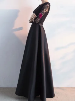 Robe de soirée trapèze col bijou longueur au sol manches longues lacets en Lycra Spandex robes de soirée sociale