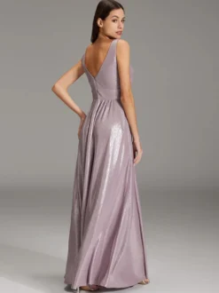 Robe de soirée trapèze à col en V et longueur au sol avec ceinture