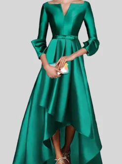 Robe de soirée trapèze col en v manches 3/4 fermeture éclair tissu satiné plissé robes de concours sociaux