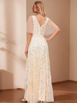 Robe de soirée trapèze à col en V ornée de sequins longue jusqu'au sol robe de cérémonie à sequins