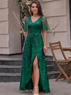 Robe de soirée trapèze à col en V ornée de sequins longue jusqu'au sol robe de cérémonie à sequins