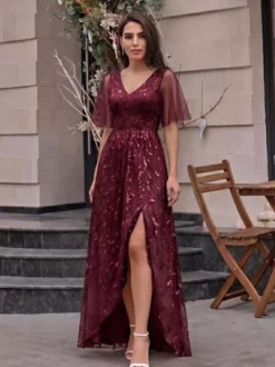 Robe de soirée trapèze à col en V ornée de sequins longue jusqu'au sol robe de cérémonie à sequins