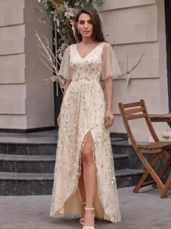 Robe de soirée trapèze à col en V ornée de sequins longue jusqu'au sol robe de cérémonie à sequins