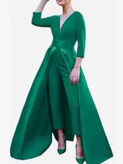 Robe de soirée trapèze col en V tissu satiné longueur au sol nœuds robes de soirée formelles