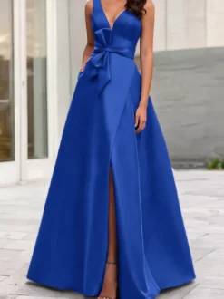 Robe de soirée trapèze col en V tissu satiné longueur au sol nœuds robes de dîner formelles