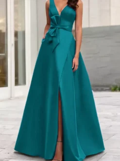 Robe de soirée trapèze col en V tissu satiné longueur au sol nœuds robes de dîner formelles
