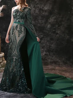 Robe de soirée verte foncé en dentelle à une épaule paillete à zip latéral à traîne robe de cérémonie