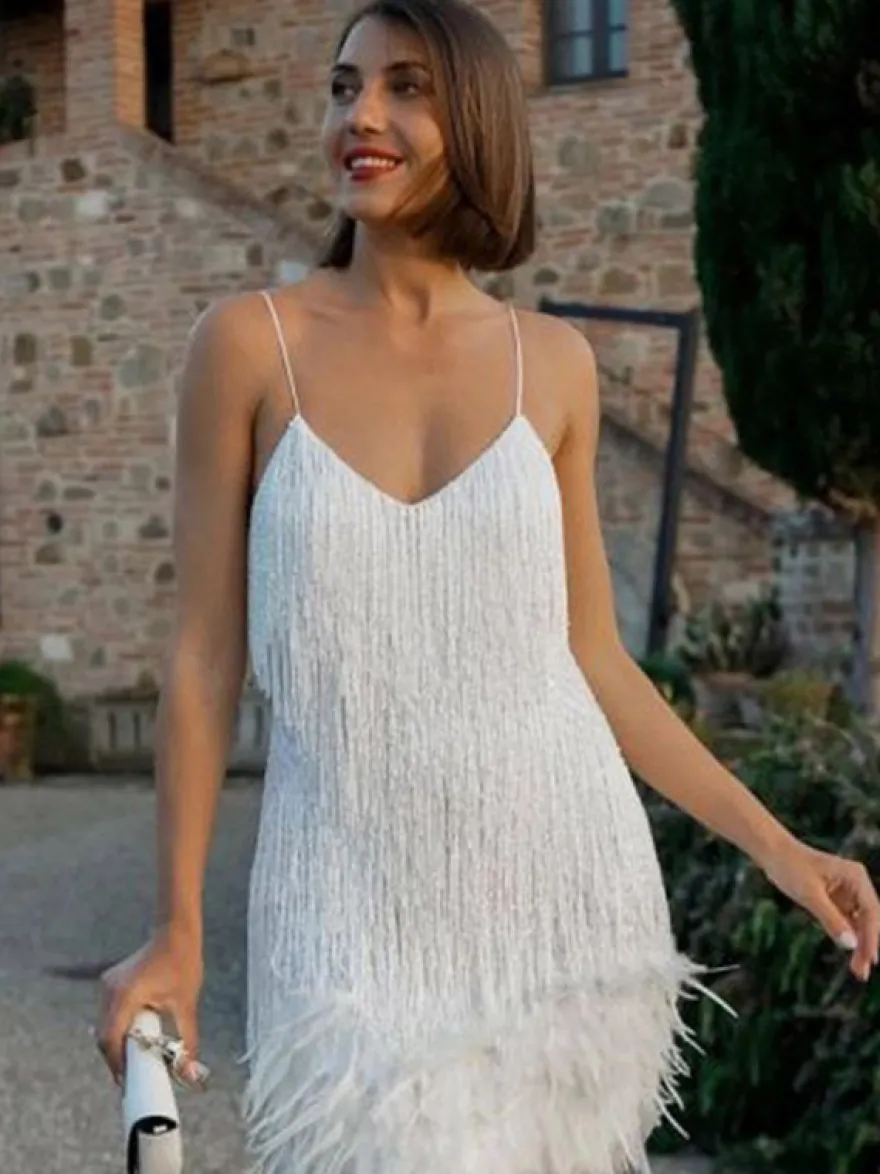 Robe de soirée vert foncé à bretelles franges au col sans manches dos nu en polyester sexy