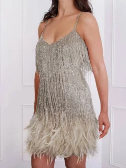Robe de soirée vert foncé à bretelles franges au col sans manches dos nu en polyester sexy