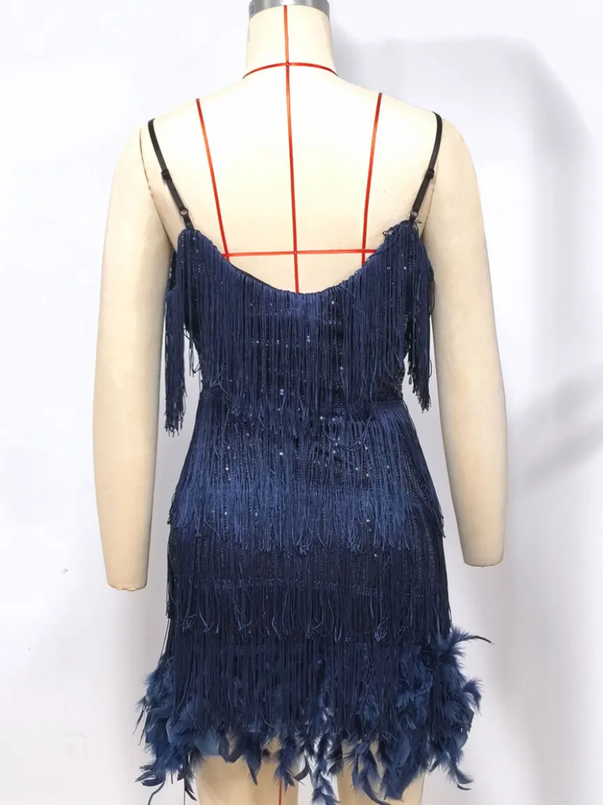Robe de soirée vert foncé à bretelles franges au col sans manches dos nu en polyester sexy
