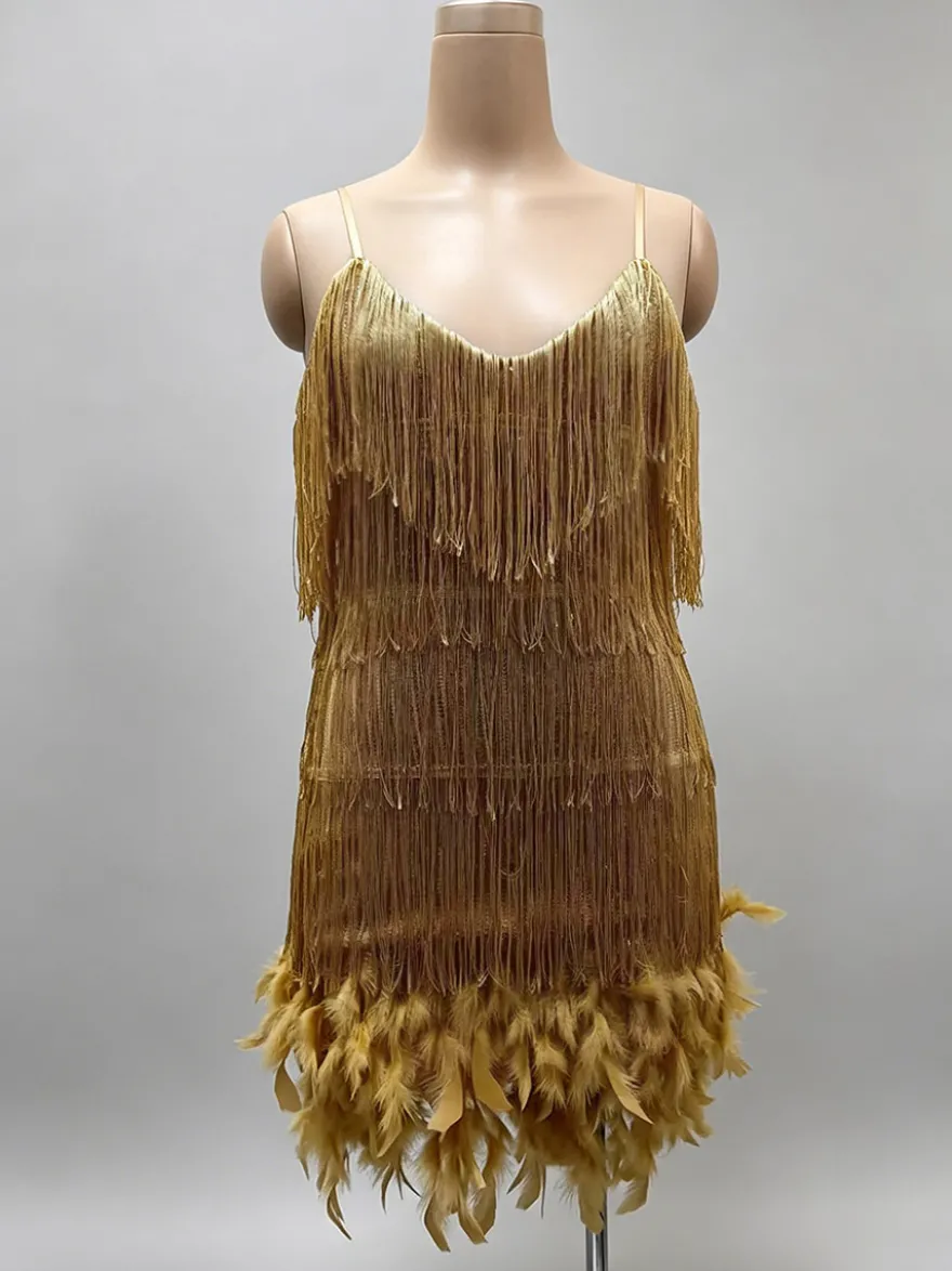 Robe de soirée vert foncé à bretelles franges au col sans manches dos nu en polyester sexy
