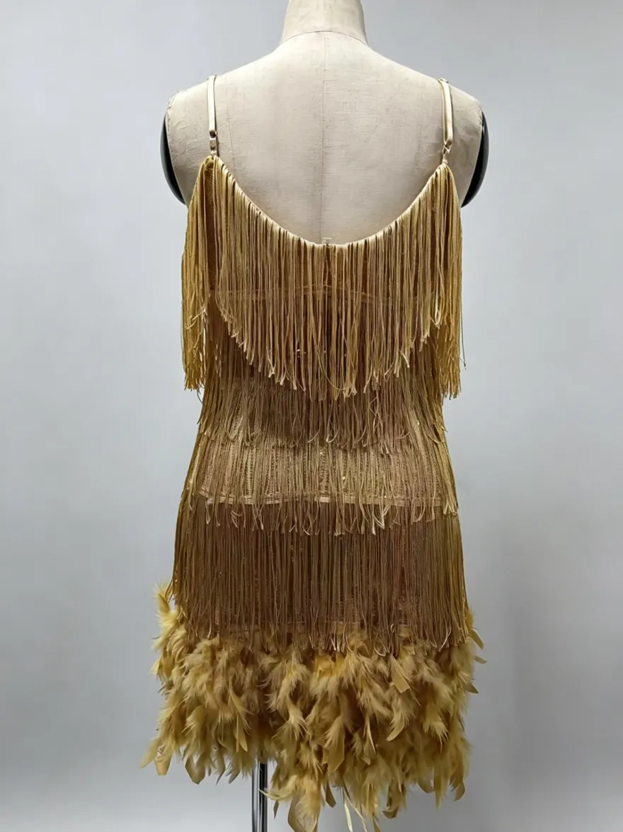 Robe de soirée vert foncé à bretelles franges au col sans manches dos nu en polyester sexy