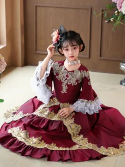 Robe de soirée à volants rétro bordeaux pour costumes de bal victoriens rococo Bourgogne