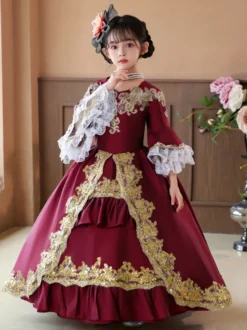 Robe de soirée à volants rétro bordeaux pour costumes de bal victoriens rococo Bourgogne