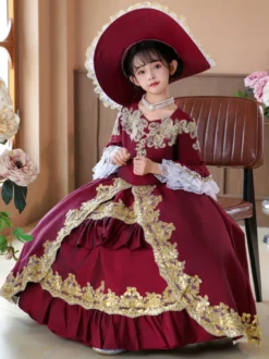 Robe de soirée à volants rétro bordeaux pour costumes de bal victoriens rococo Bourgogne