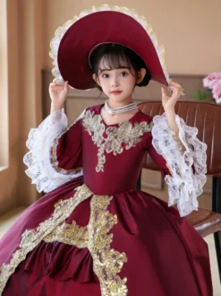 Robe de soirée à volants rétro bordeaux pour costumes de bal victoriens rococo Bourgogne