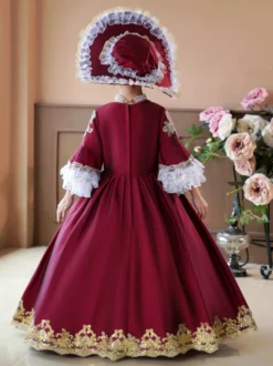 Robe de soirée à volants rétro bordeaux pour costumes de bal victoriens rococo Bourgogne