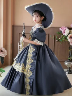 Robe de soirée à volants rétro grise pour costume victorien rococo