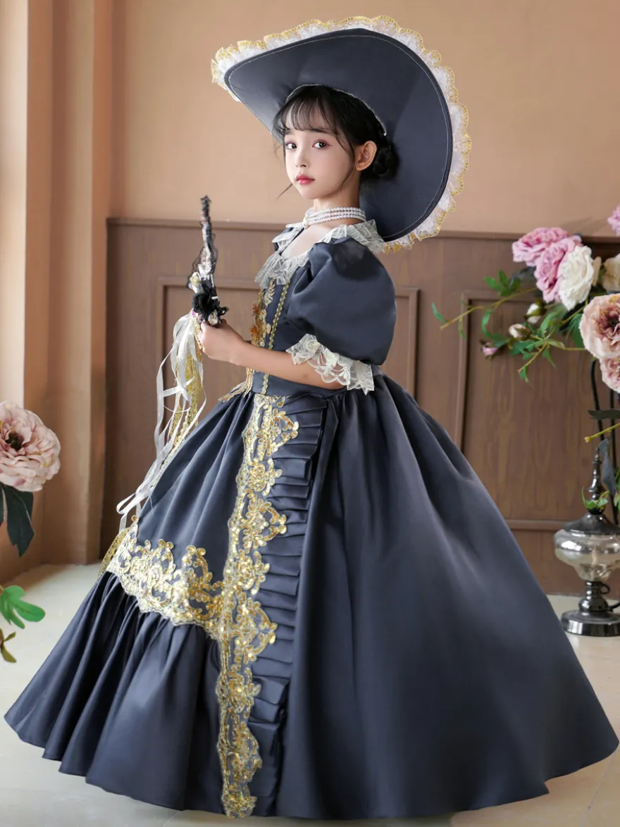 Robe de soirée à volants rétro grise pour costume victorien rococo