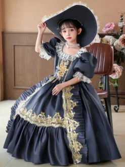 Robe de soirée à volants rétro grise pour costume victorien rococo