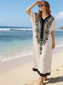 Robe de vacances blanche décontractée à manches courtes et imprimé col en V style oversize