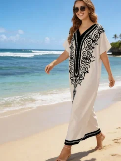 Robe de vacances blanche décontractée à manches courtes et imprimé col en V style oversize