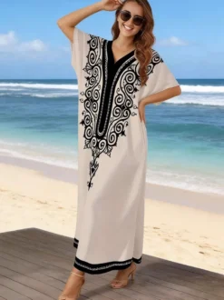 Robe de vacances blanche décontractée à manches courtes et imprimé col en V style oversize