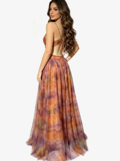 Robe de vacances à bretelles spaghetti élégante robe de soirée maxi orange fluide en mousseline de soie robe de soirée longue