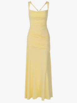 Robe de vacances jaune crème à fronces robe maxi élégante pour femme style soirée