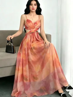 Robe de vacances maxi croisée sans manches à imprimé floral bretelles et col chic orange