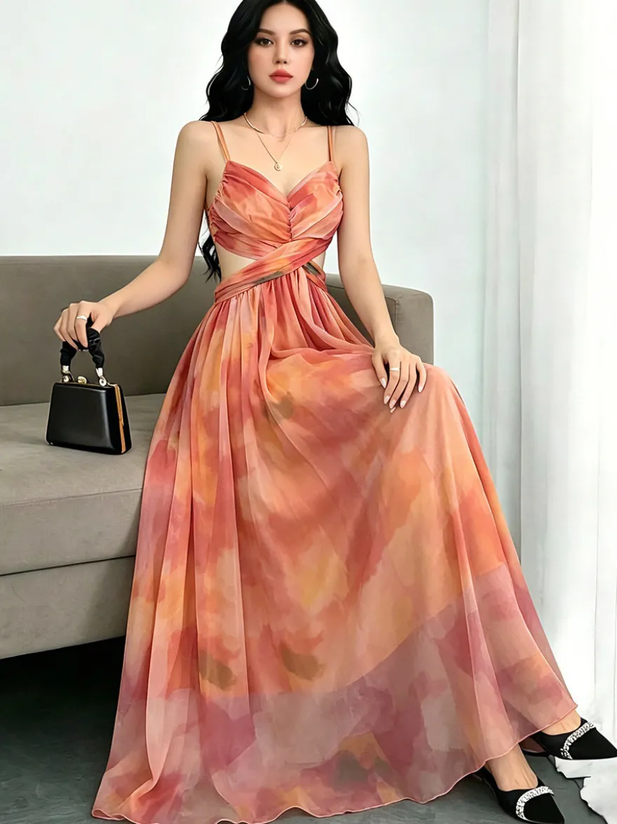 Robe de vacances maxi croisée sans manches à imprimé floral bretelles et col chic orange