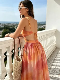 Robe de vacances maxi croisée sans manches à imprimé floral bretelles et col chic orange