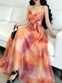 Robe de vacances maxi croisée sans manches à imprimé floral bretelles et col chic orange