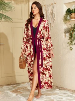 Robe de vacances oversize à manches longues imprimée rose décontractée
