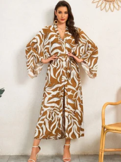 Robe de vacances oversize à manches longues imprimée rose décontractée