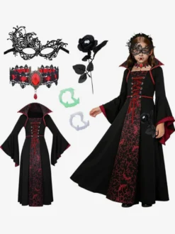 Robe de vampire médiévale pour fille style gothique victorien cosplay enfant 6 pièces